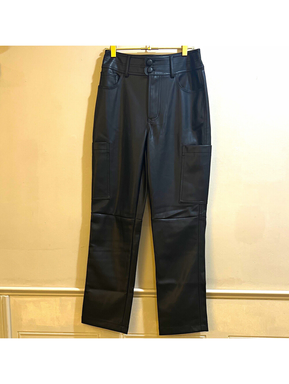 Dear John Women’s Black Faux Leather Solid Cargo Straight Leg Flat Front Pants
